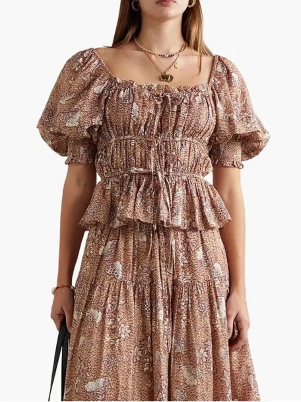 Ulla Johnson Floral Smocked Peplum Puff-Sleeve Top in Dusty Pink